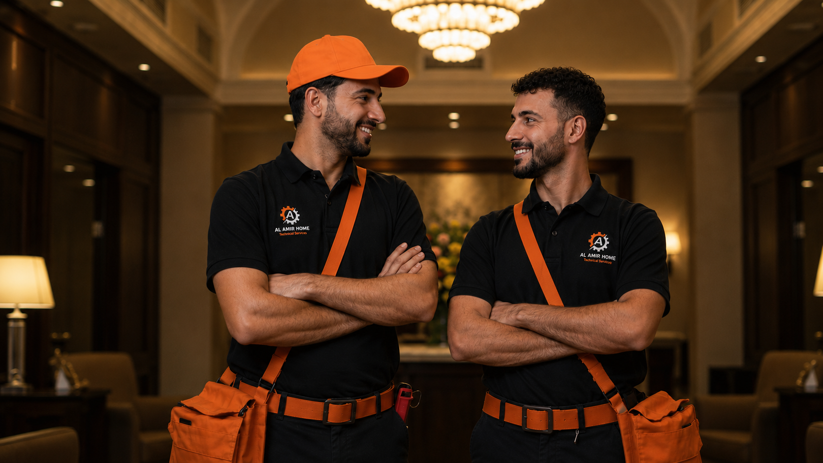 Al Amir Home technicians in a luxury hotel lobby